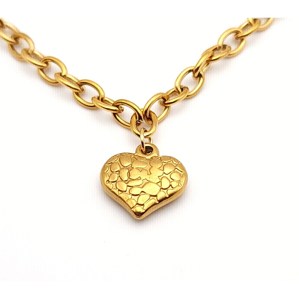Gold Tone Heart Necklace Textured Pendant Stainless Steel Romantic Classic Gift